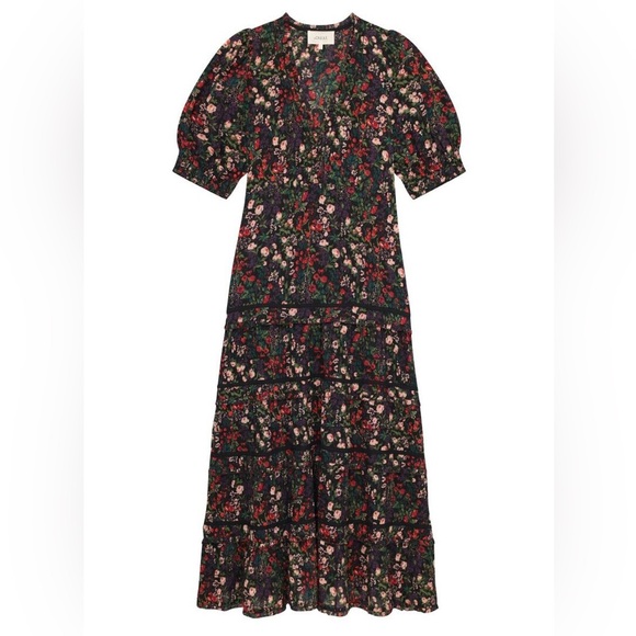 The Great Yonder Midi in Black Fresh Water Floral Cotton Tiered Dress, Size 3 - Picture 2 of 8
